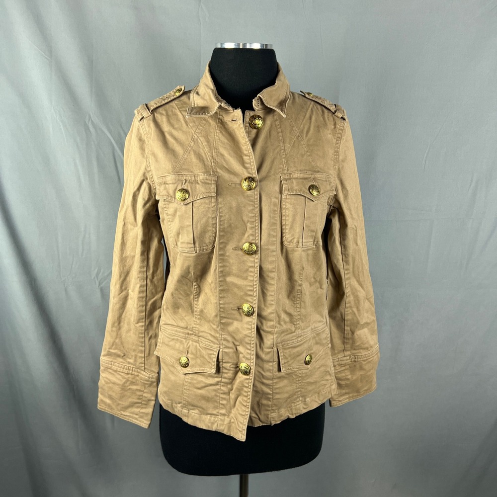 George Me Utility Jacket Womens 6 Tan Cotton Gold Crest Button Shoulder Loop